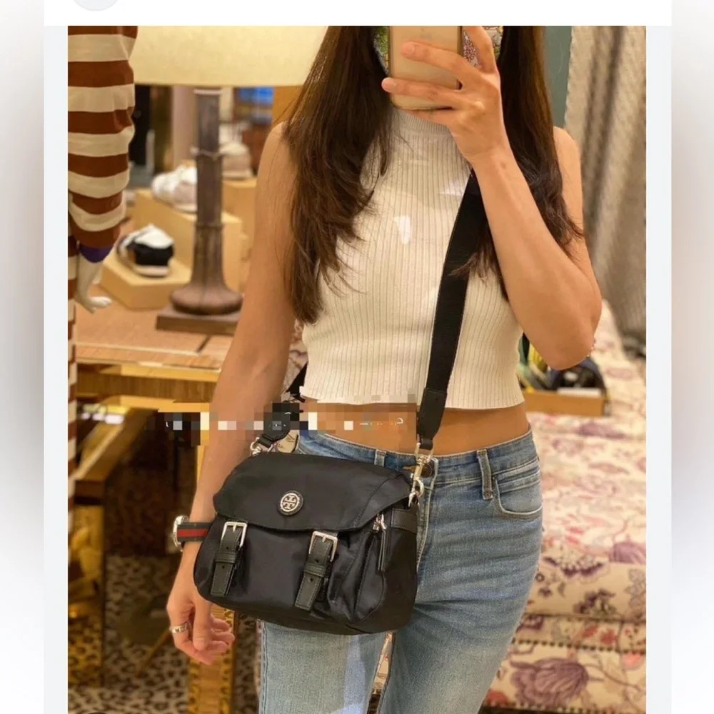 Tory Burch Black Nylon Crossbody Bag with Silver Hardware